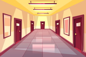 Vector cartoon hallway, corridor with many doors - college, university or office building. The bright place with illumination from electric lamps. Interior concept, architecture background.