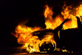 Car in fire, burning